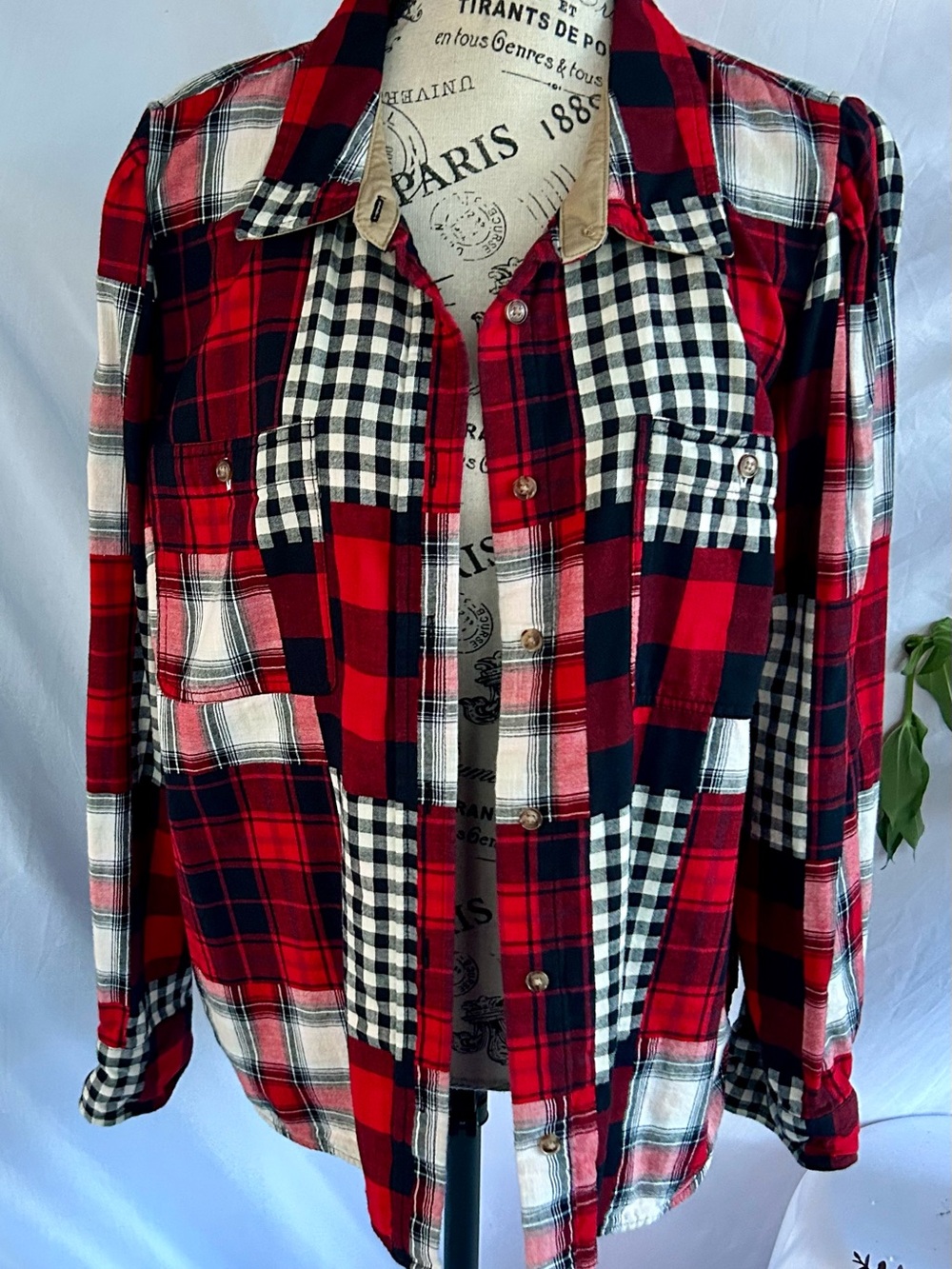 Nautica Red and Black Patchwork Plaid Button-Down Shirt with White Accents